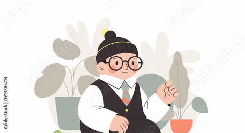 A stylish child in a hat and glasses smiles among plants