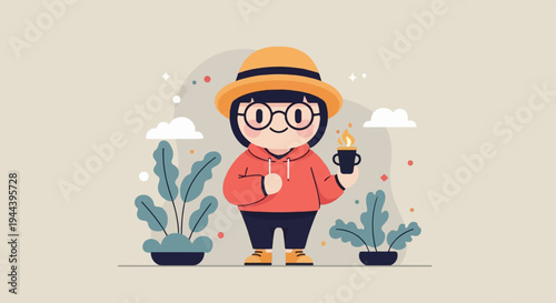 A stylized character in a hat and hoodie holds a warm beverage among potted plants