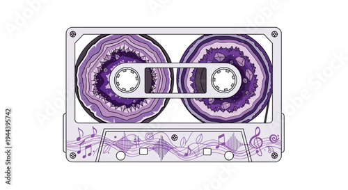 A white cassette tape with two purple geode-filled reels and musical note decorations is centered on a clean white background.
