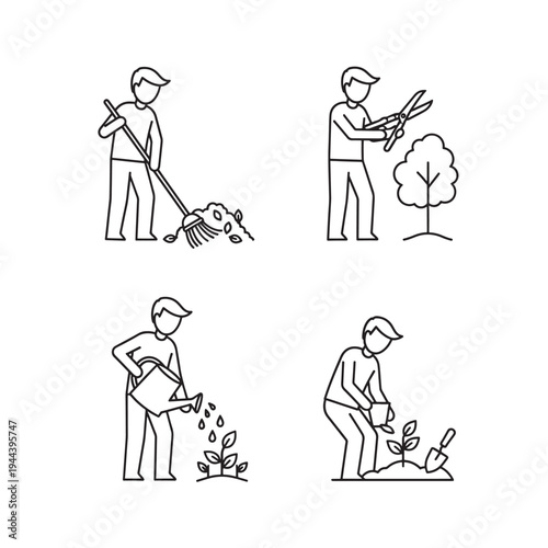Line art icons depicting various gardening activities including raking leaves, pruning a tree, watering a plant, and planting a seedling.