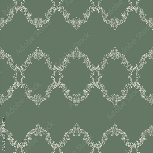 Seamless pattern in vintage baroque style. Classic Victorian hand-drawn design. A whimsical background for wedding invitations, gift wrap, packaging materials, fabric, and wallpaper. Green vector