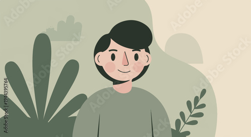 A stylized portrait of a person with dark hair and rosy cheeks against a muted, abstract background with foliage