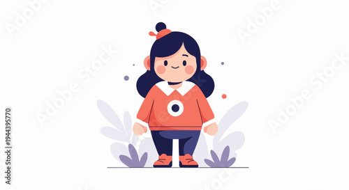 Cheerful cartoon girl with dark hair, round face, and a coral sweater, standing among stylized plants