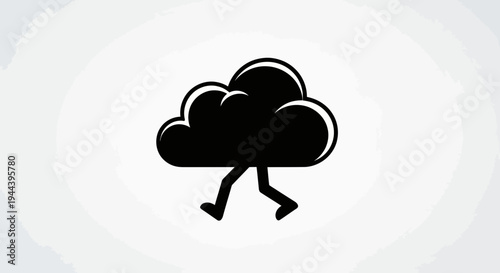 Walking Cloud Icon with Legs, Black and White, Simple Cartoon Style