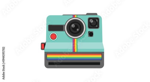 A retro teal instant camera with a rainbow stripe and a large central lens is prominently displayed against a stark white backdrop.