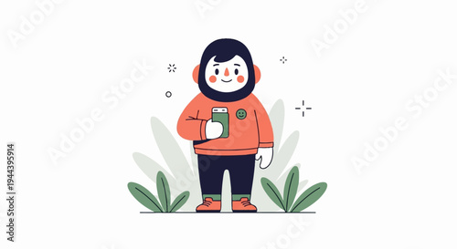 Whimsical character with beard, headphones, holding a smartphone, surrounded by abstract plants and sparkles