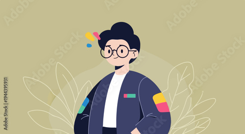 A stylized person wearing glasses and a jacket adorned with colorful patches on a muted background with botanical elements