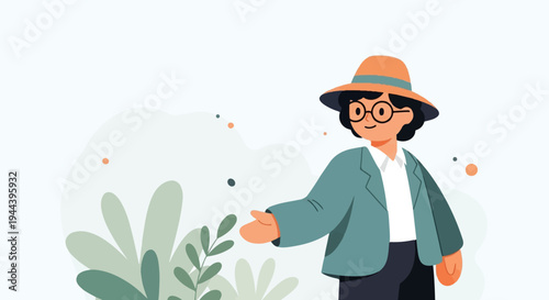 A person in a hat and jacket gestures towards abstract plant shapes