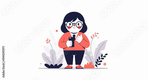 Stylized cartoon figure in orange top, dark pants, glasses, and holding a phone, thumbs up, amidst foliage