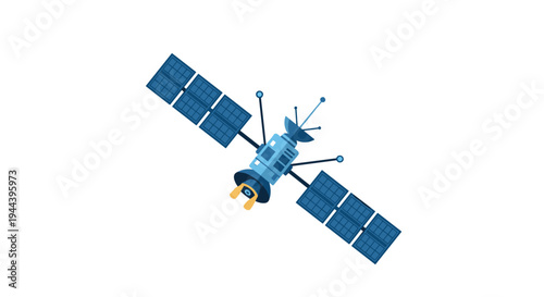 A sophisticated blue and gray satellite with two large arrays of solar panels and multiple antennas is dynamically angled.