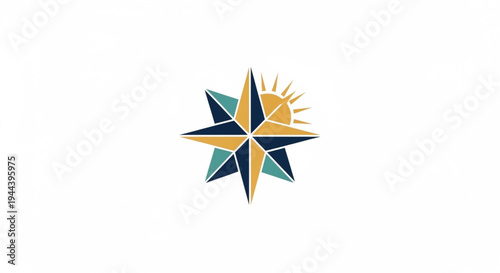 This professional vector logo features a stylized eight-pointed compass rose integrated with a rising sun. The modern design uses a sophisticated palette of navy blue, gold, and teal.