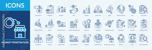 Market Penetration - Icon Collection. Thin Line Blue Set contains such Icons as trends analysis, financial ratio, data analytics and more. Simple web icons set