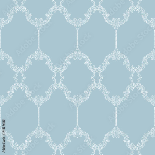 Seamless pattern in vintage baroque style. Classic Victorian hand-drawn design. A whimsical background for wedding invitations, gift wrap, packaging materials, fabric, and wallpaper. Blue vector
