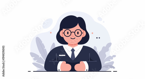 Professional woman in glasses, dark suit, and tie, depicted in a flat illustration style