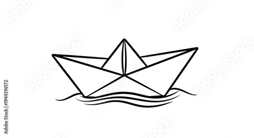 Simple black and white line drawing of a paper boat floating on wavy water.