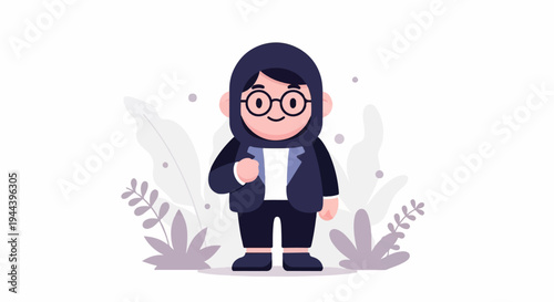 Minimalist character in hijab and suit, surrounded by abstract leaves
