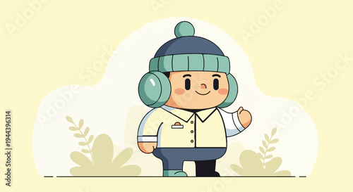 Cartoon character with winter hat and ear muffs, giving a thumbs up