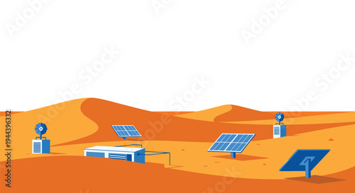 A pixelated desert landscape with rolling orange sand dunes features multiple blue solar panels and modular power units under a stark white sky.