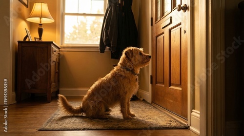 Small fluffy dog waiting by front door in warm evening light
