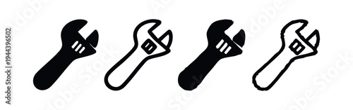 Hand-drawn adjustable wrench or spanner icon set