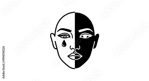 Split Face Black White Contrast Emotion Sadness Tear Drop Makeup Artistic Portrait