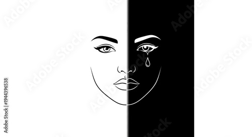 Split Face: Black and White Contrast, Sadness and Joy, Emotional Duality