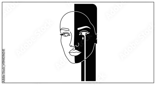 Split Face Black White Crying Woman Line Art Minimalist Emotional Portrait