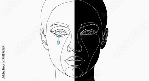 Split Face Portrait: Sadness and Mystery, Black and White Contrast, Crying Eye