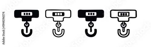 Digital Crane Scale Icon Set. Heavy Duty Hanging Weight Measurement Symbols. Industrial Logistics and Construction Tools.