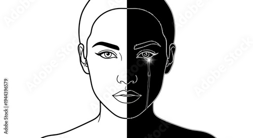 Split Face Black White Woman Crying Tears Emotion Contrast Duality Sadness