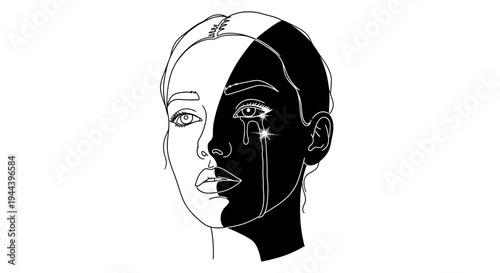 Split Face Woman Crying Black and White Contrast Emotional Distress Sadness