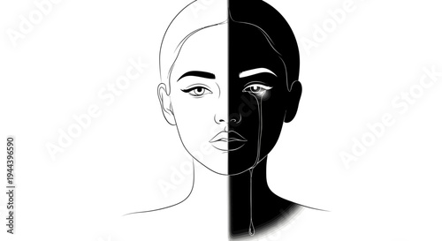 Split Face Woman Crying Black and White Contrast Emotional Sadness