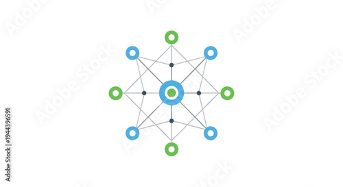 A central blue circle is surrounded by eight alternating blue and green circles, all connected by thin gray lines forming a star-like network.