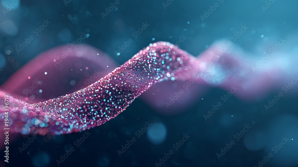 Fototapeta premium Abstract particle wave with glowing dots forming a dynamic data stream against a dark background, representing technology, science, and network connection