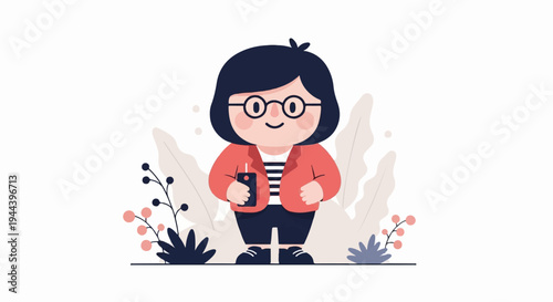 Stylized illustration of a girl with glasses, holding a phone and wearing a coral jacket