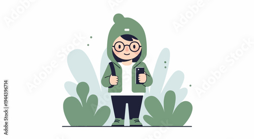 A person with a quirky hat and glasses holds a phone amidst stylized foliage