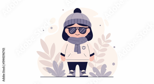 Cartoon character in winter clothes with sunglasses and scarf, against a neutral background with leaves