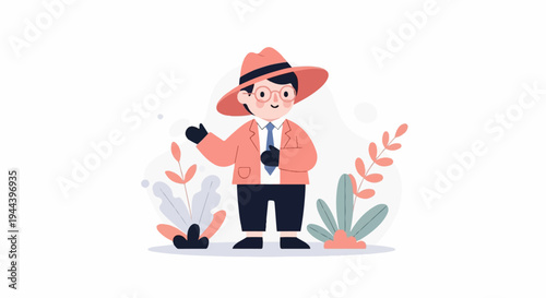 Cheerful cartoon person in a hat and suit, surrounded by stylized plants