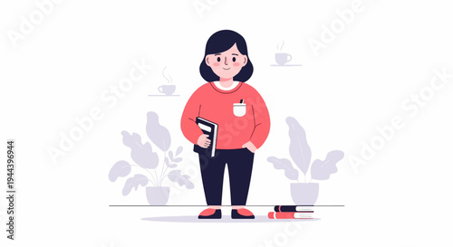 A person with short hair, wearing a coral sweater and dark pants, holds a book