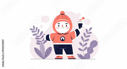 Cute character in winter attire holding a drink amidst abstract plant shapes