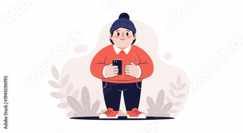 A stylized illustration of a person in winter attire holding a smartphone