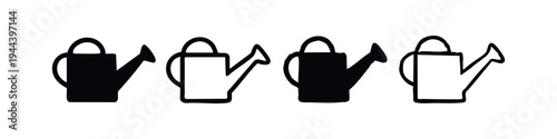 Set of watering can icons in black and outline versions for various garden themes.