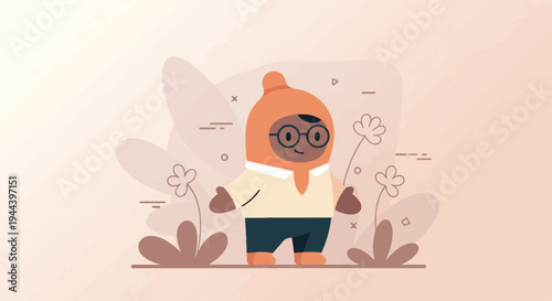 A whimsical character with glasses and an orange hood stands in a field of stylized flowers