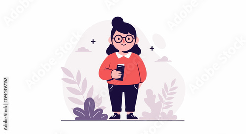 A charming illustration of a person with glasses and a bun, holding a book amidst stylized plants