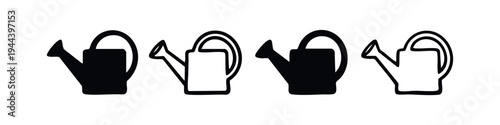 Watering can vector icons in black and outline styles for gardening and plant care.