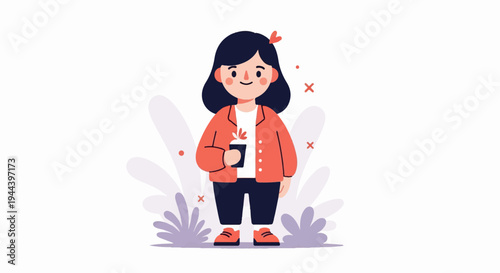 A cheerful person with dark hair and a red jacket holds a cup with a plant