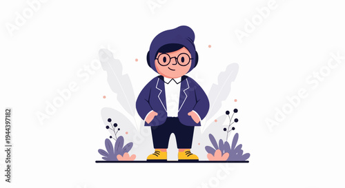 A stylized figure in a blue suit and hat, wearing glasses, stands amidst botanical elements