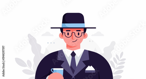Smiling man in a fedora hat, suit, and glasses holds a cup of coffee
