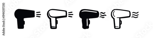 Hair Dryer Icon Set with Airflow. Blow Dryer Vector Symbols for Hair Styling and Beauty.