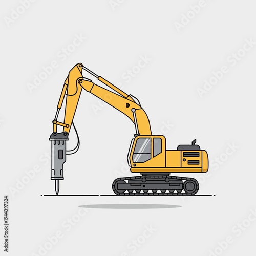 Yellow excavator with hydraulic breaker attachment on construction site